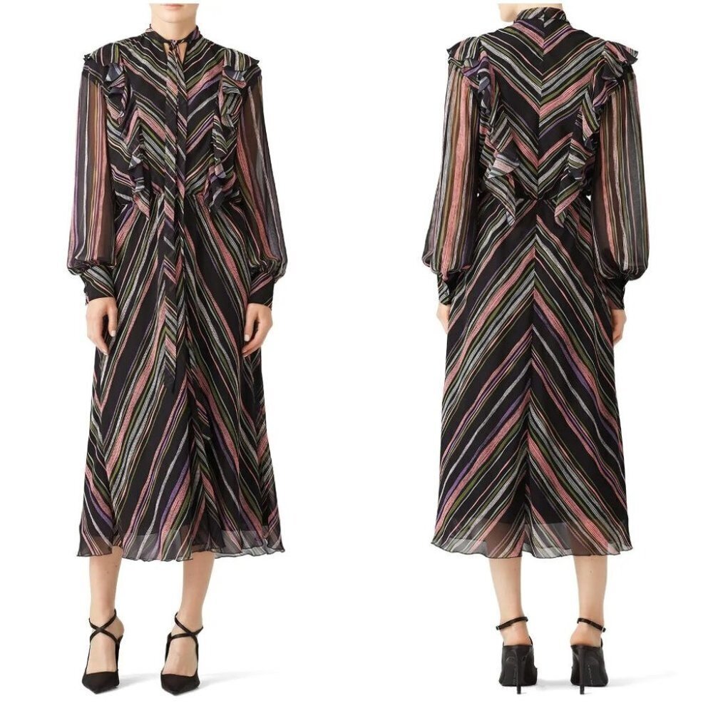 Giamba Black Stripe Ruffle Blouson Midi Dress $1335